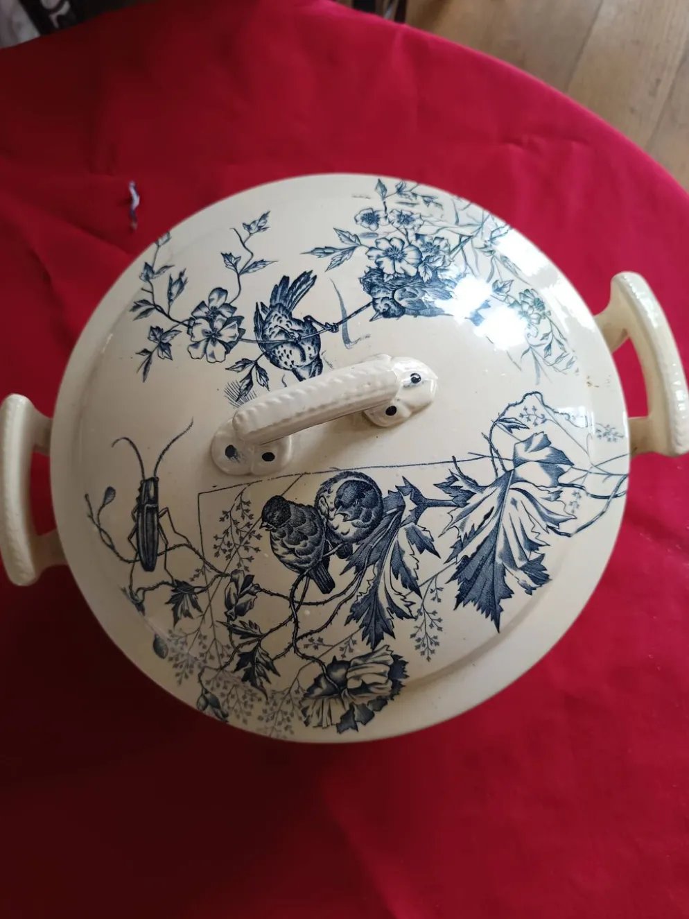 soupière ancienne Terre de Feu 1920/1930 décor oiseaux et insectes