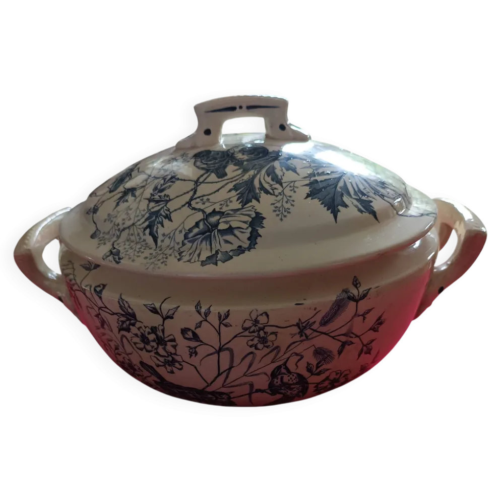 soupière ancienne Terre de Feu 1920/1930 décor oiseaux et insectes