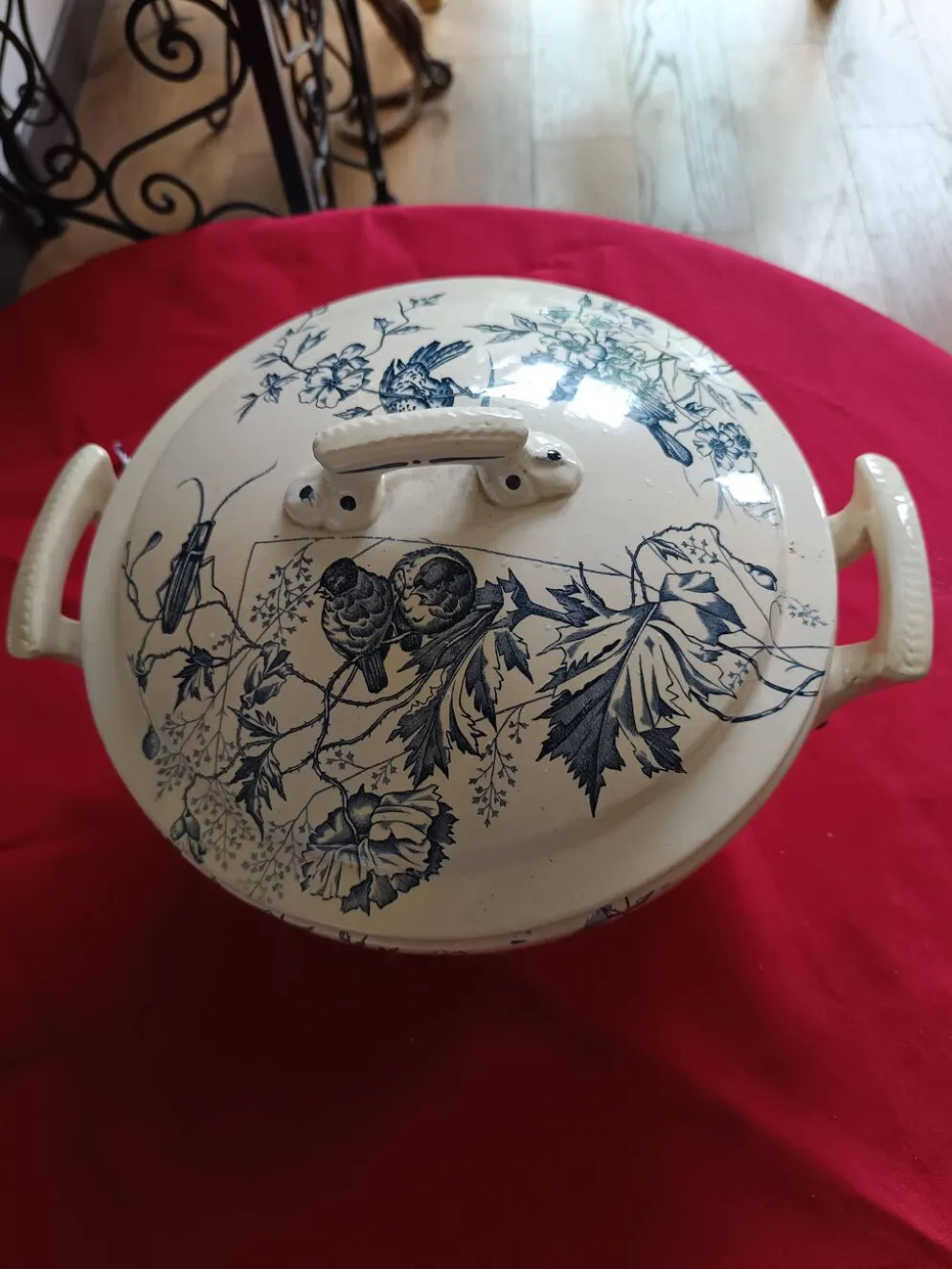 soupière ancienne Terre de Feu 1920/1930 décor oiseaux et insectes