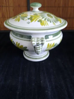 Soupière / Bonbonnière en Faïence HB Quimper Décor Floral Vert et Jaune - S