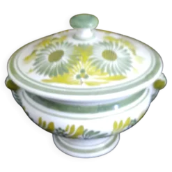 Soupière / Bonbonnière en Faïence HB Quimper Décor Floral Vert et Jaune - S