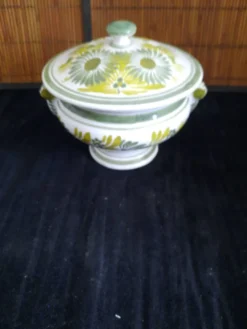 Soupière / Bonbonnière en Faïence HB Quimper Décor Floral Vert et Jaune - S