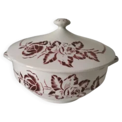 Soupière Digoin Sarreguemines modèle Atlantic, décor roses rouge profond