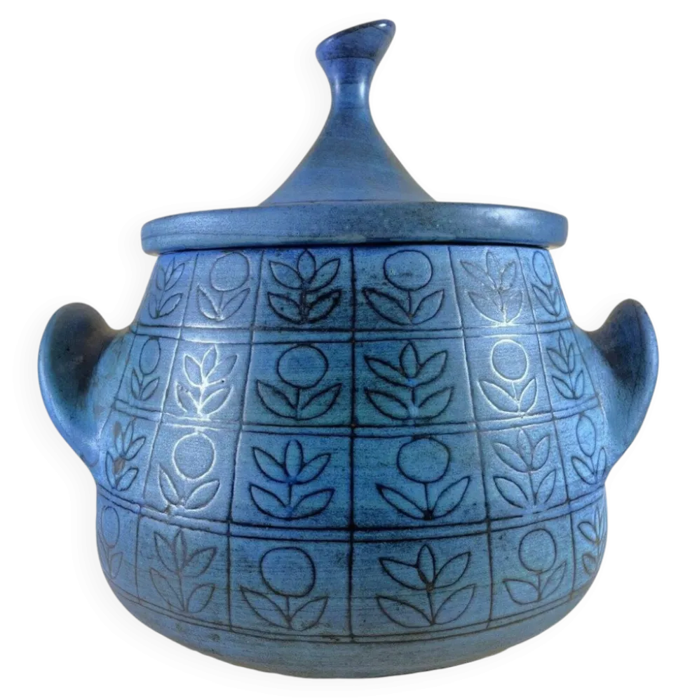 Soupière en céramique bleue Jean De Lespinasse, années 1950-1960