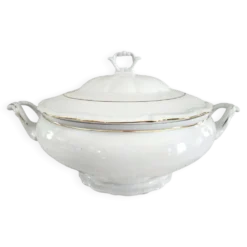 Soupière en porcelaine Manufacture blanche double filet or peint à la main