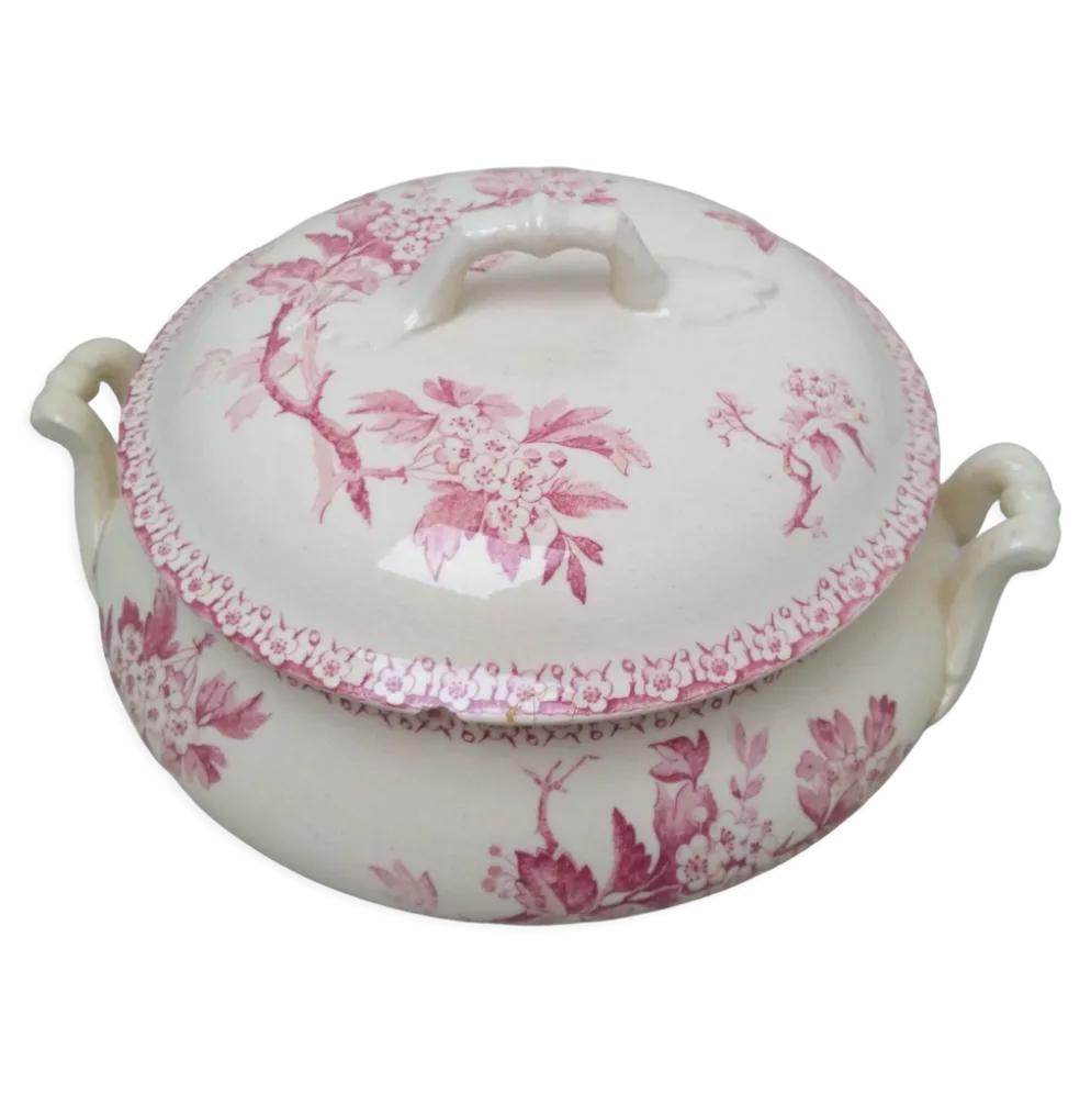 Soupière en terre de fer de Gien modèle Aubépine rose