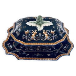 Soupière fond bleu faïencerie de Gien, complète