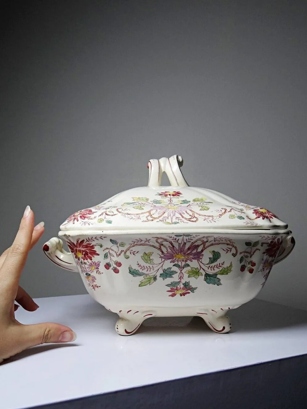 Soupière, légumier ancien Longchamp Pâquerettes en terre de fer polychrome