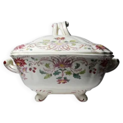 Soupière, légumier ancien Longchamp Pâquerettes en terre de fer polychrome
