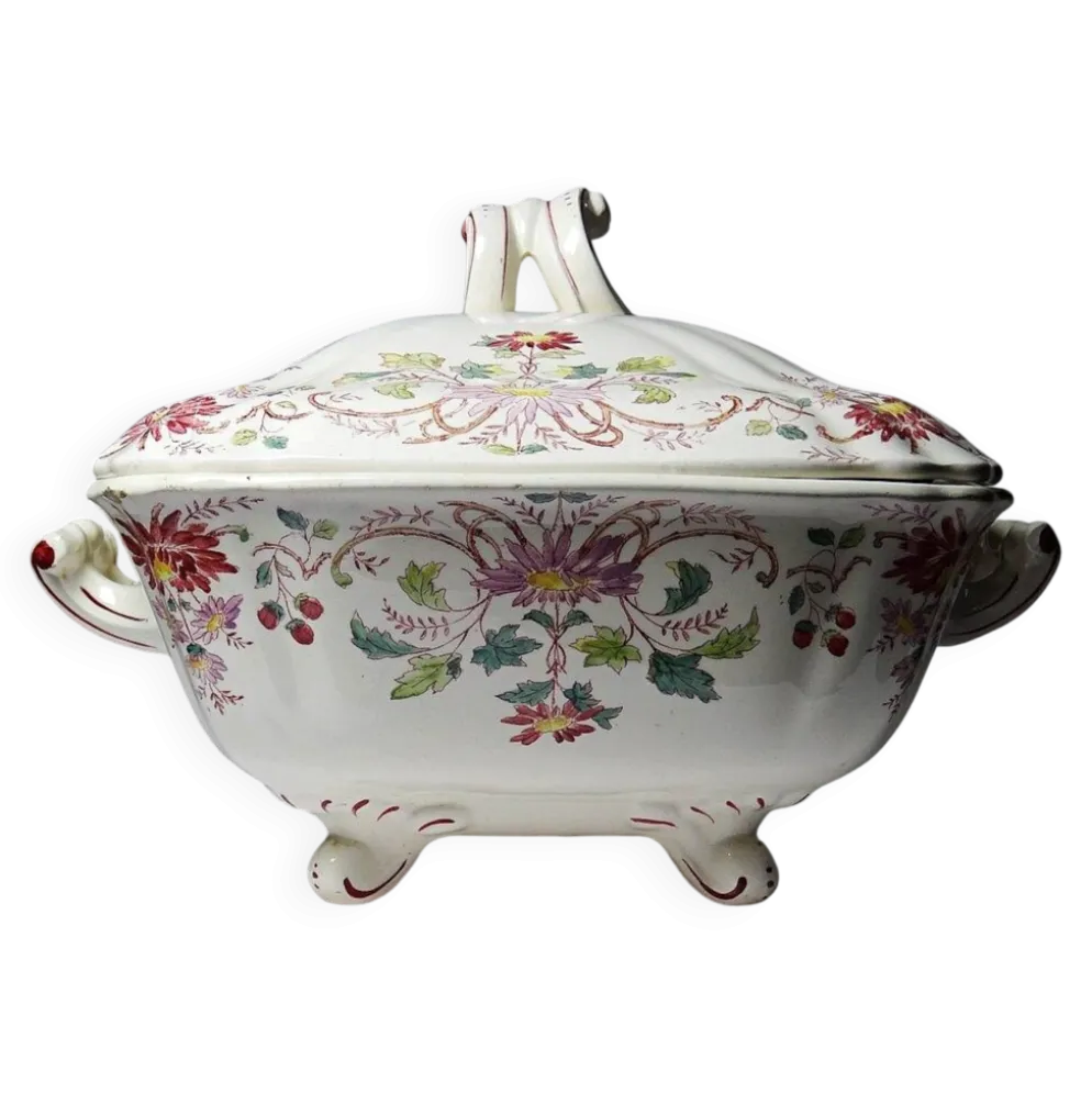 Soupière, légumier ancien Longchamp Pâquerettes en terre de fer polychrome