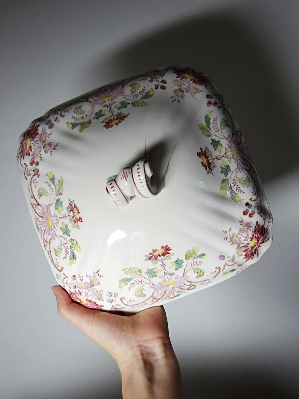 Soupière, légumier ancien Longchamp Pâquerettes en terre de fer polychrome