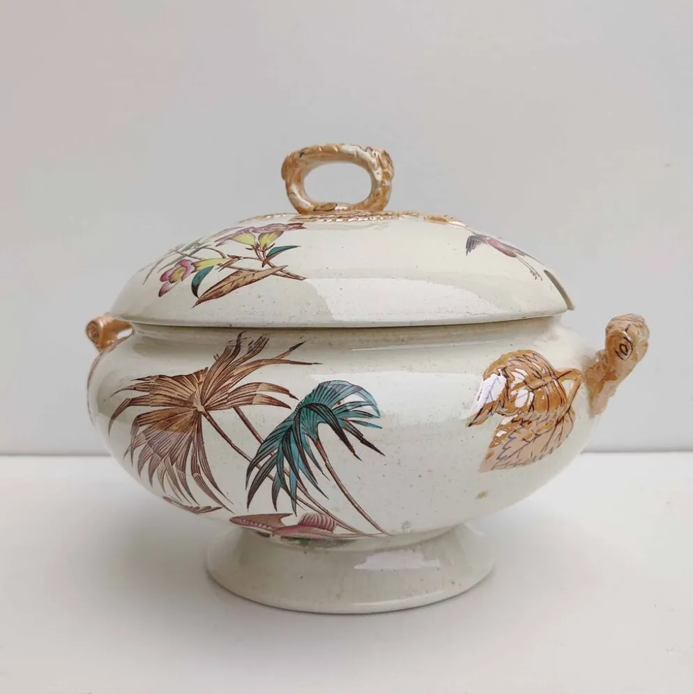 Soupière porcelaine décor héron et bambou
