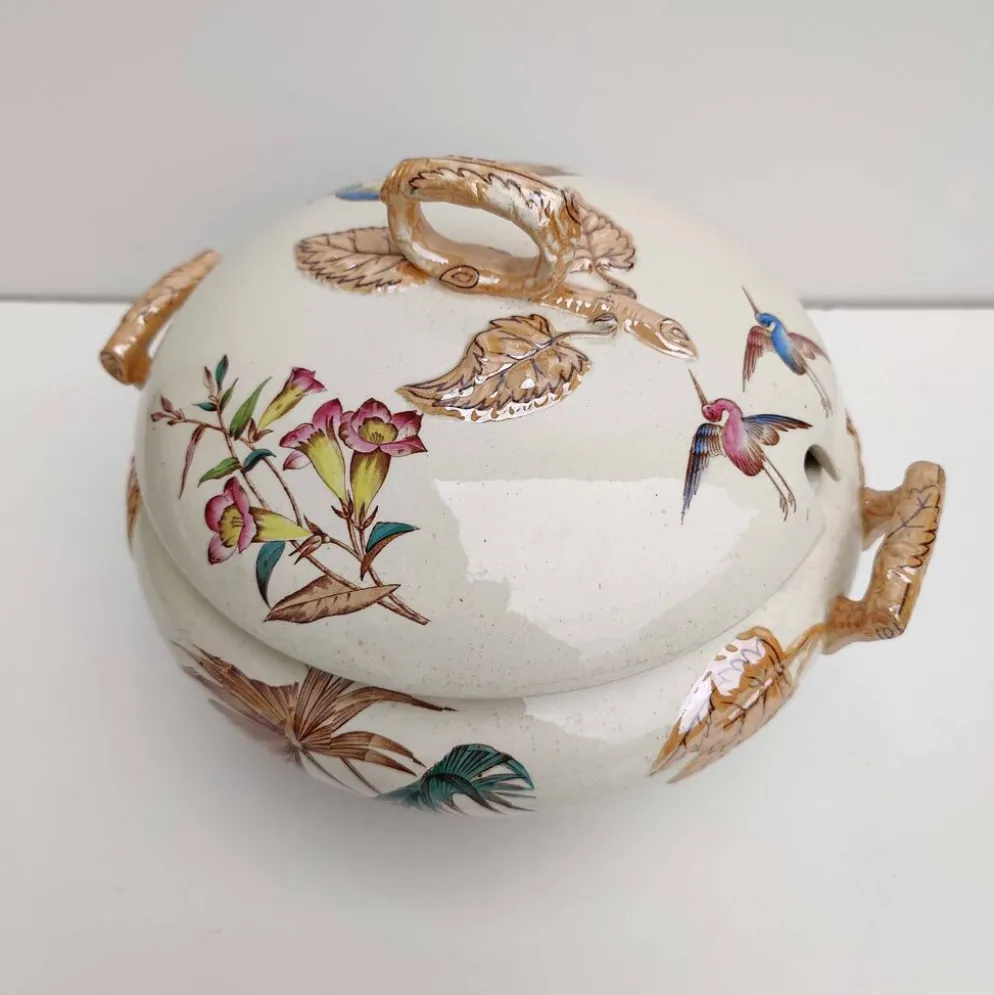 Soupière porcelaine décor héron et bambou