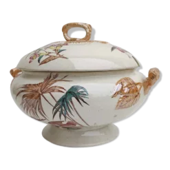 Soupière porcelaine décor héron et bambou