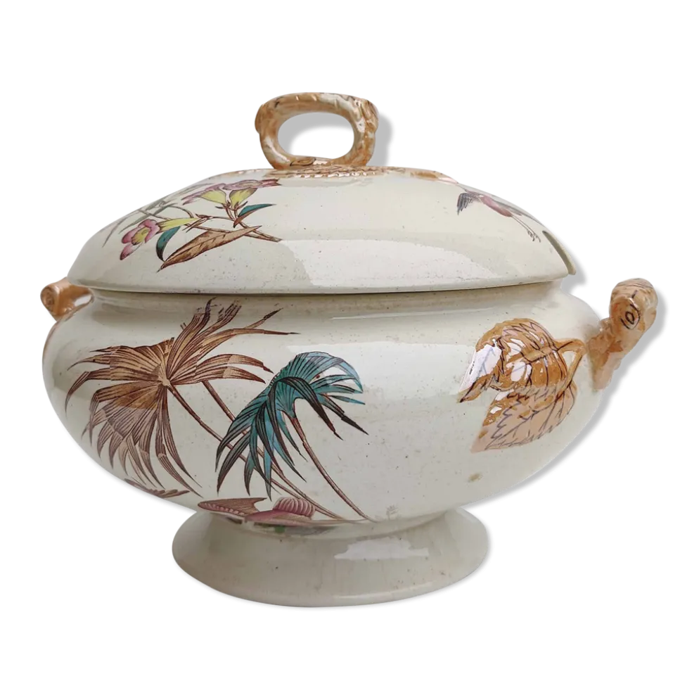 Soupière porcelaine décor héron et bambou