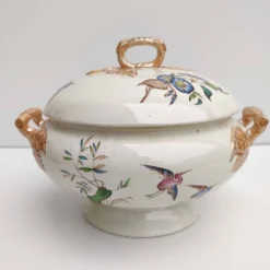 Soupière porcelaine décor héron et bambou