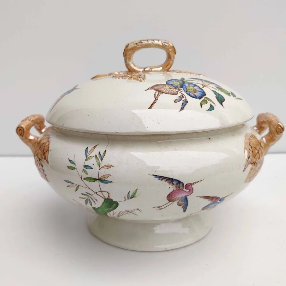 Soupière porcelaine décor héron et bambou