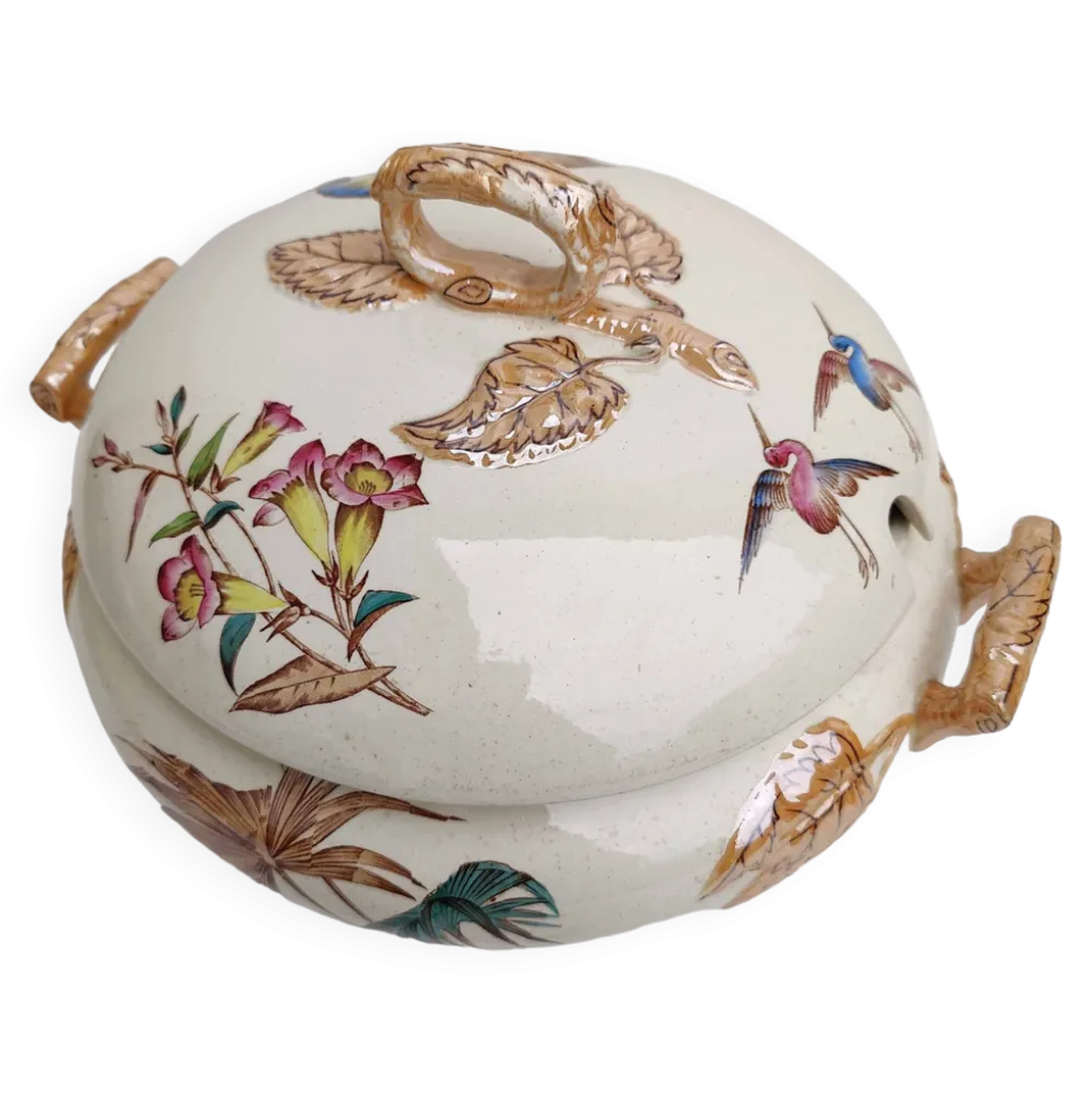 Soupière porcelaine décor héron et bambou