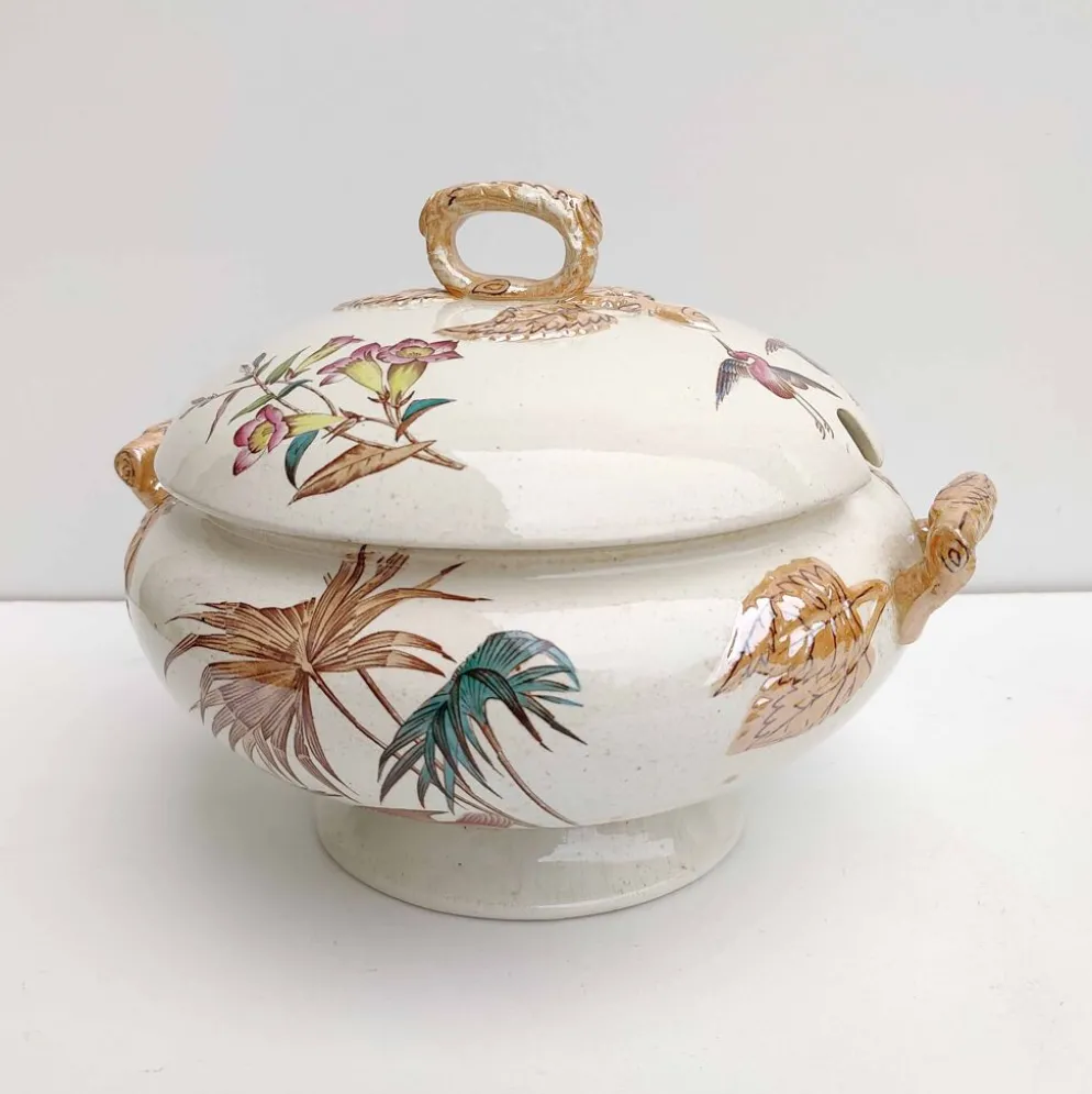 Soupière porcelaine décor héron et bambou
