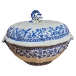 Soupière service Gien motifs fleurs bleues couvercle dauphin
