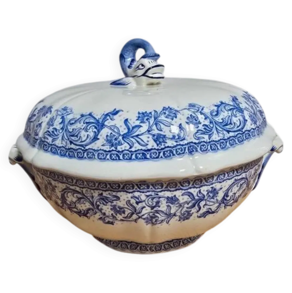 Soupière service Gien motifs fleurs bleues couvercle dauphin