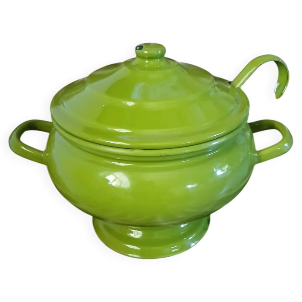 Soupière vintage en tôle émaillée verte