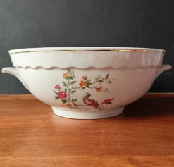 Soupière vintage, porcelaine Vitriam France, Phoenix sur une branche fleuri