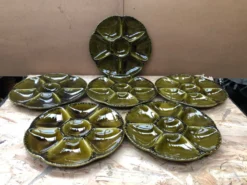Série 6 anciennes assiettes à huîtres gien céramique verte vintage