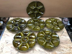 Série 6 anciennes assiettes à huîtres gien céramique verte vintage