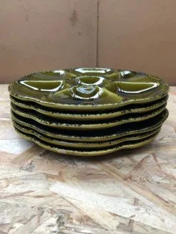 Série 6 anciennes assiettes à huîtres gien céramique verte vintage