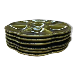 Série 6 anciennes assiettes à huîtres gien céramique verte vintage