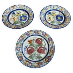 Série 3 assiettes déco quimper henriot france céramique polychrome vin
