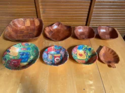 Série 8 Coupelles Bols Anciens Bois Tressé + Bois Peint Vintage