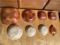 Série 8 Coupelles Bols Anciens Bois Tressé + Bois Peint Vintage