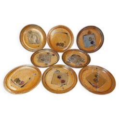 Série de 8 assiettes à dessert vintage en grès émaillé signé MALI
