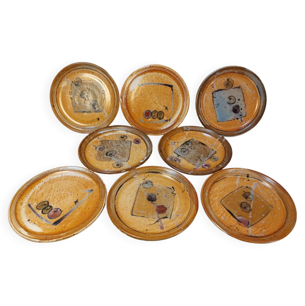 Série de 8 assiettes à dessert vintage en grès émaillé signé MALI