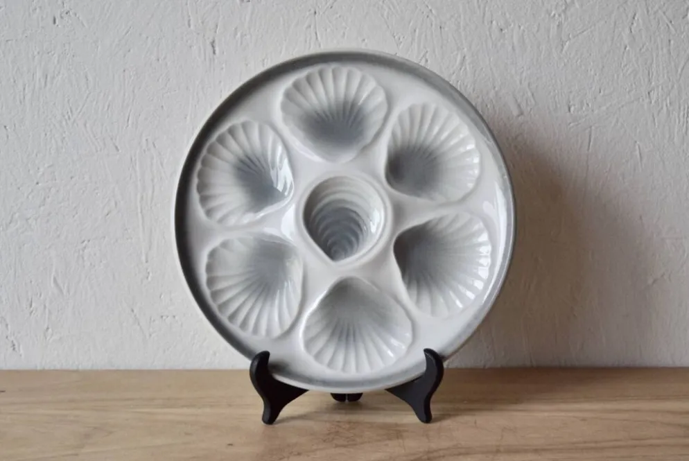 Série de 6 assiettes à huîtres vintage Moulin-des-Loups - Orchies - Décor Grand Feu