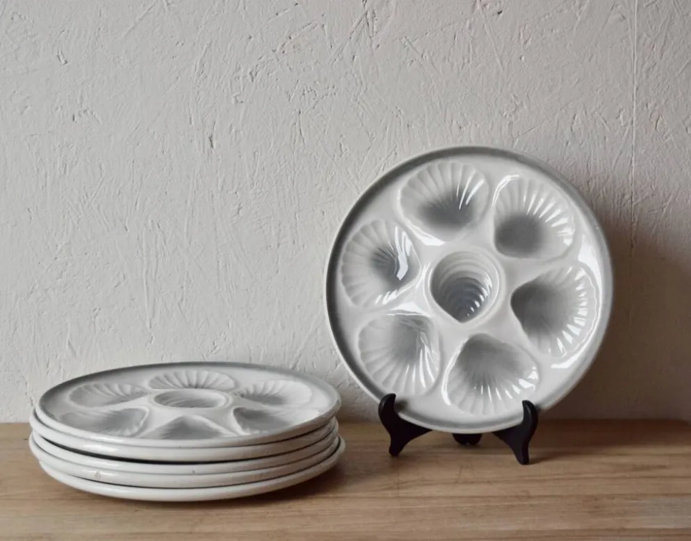 Série de 6 assiettes à huîtres vintage Moulin-des-Loups - Orchies - Décor Grand Feu