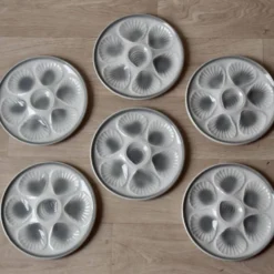 Série de 6 assiettes à huîtres vintage Moulin-des-Loups - Orchies - Décor Grand Feu