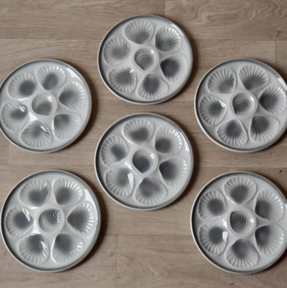 Série de 6 assiettes à huîtres vintage Moulin-des-Loups - Orchies - Décor Grand Feu