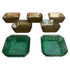 Série De 7 Ramequins Bols Anciens ARCOROC Verre Moulé Fumé & Vert