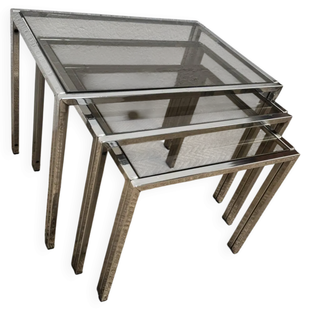Série de 3 tables gigognes vintage – Métal chromé & verre fumé