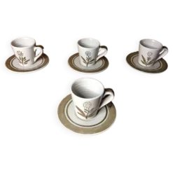 Série de 4 tasses longchamp céramique gris brun décor fleur france vintage #a511