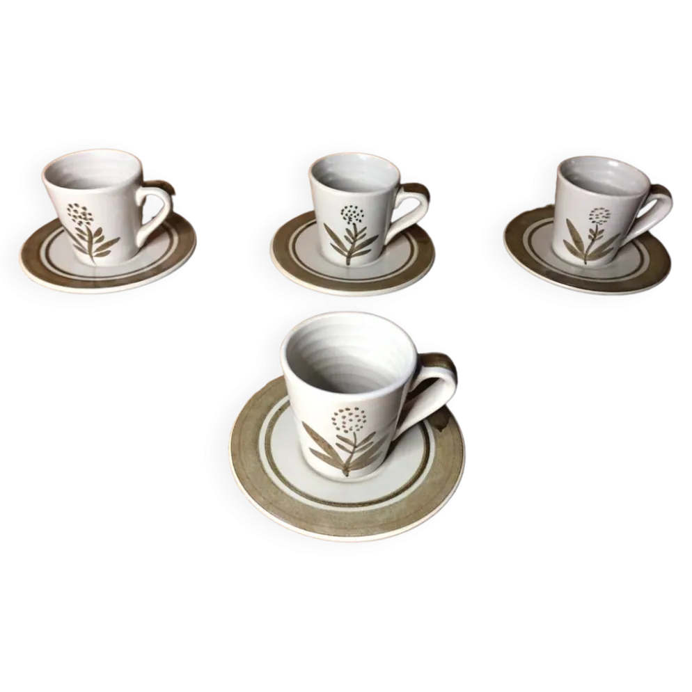 Série de 4 tasses longchamp céramique gris brun décor fleur france vintage #a511