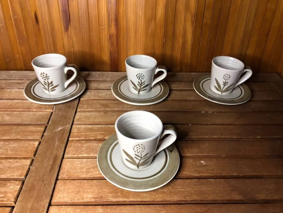 Série de 4 tasses longchamp céramique gris brun décor fleur france vintage #a511