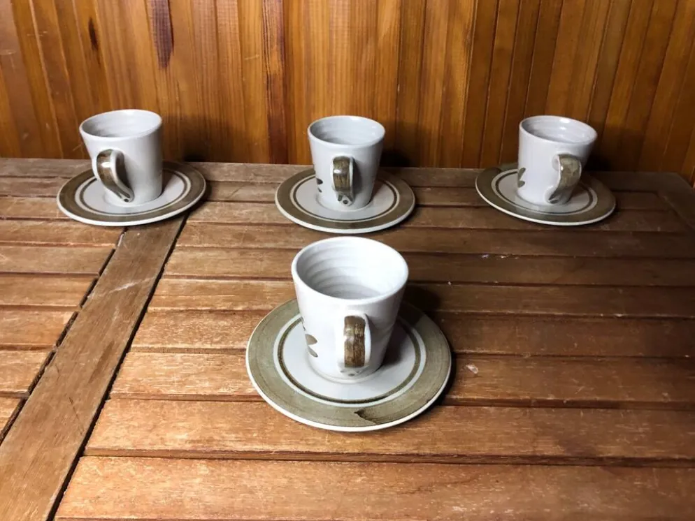 Série de 4 tasses longchamp céramique gris brun décor fleur france vintage #a511