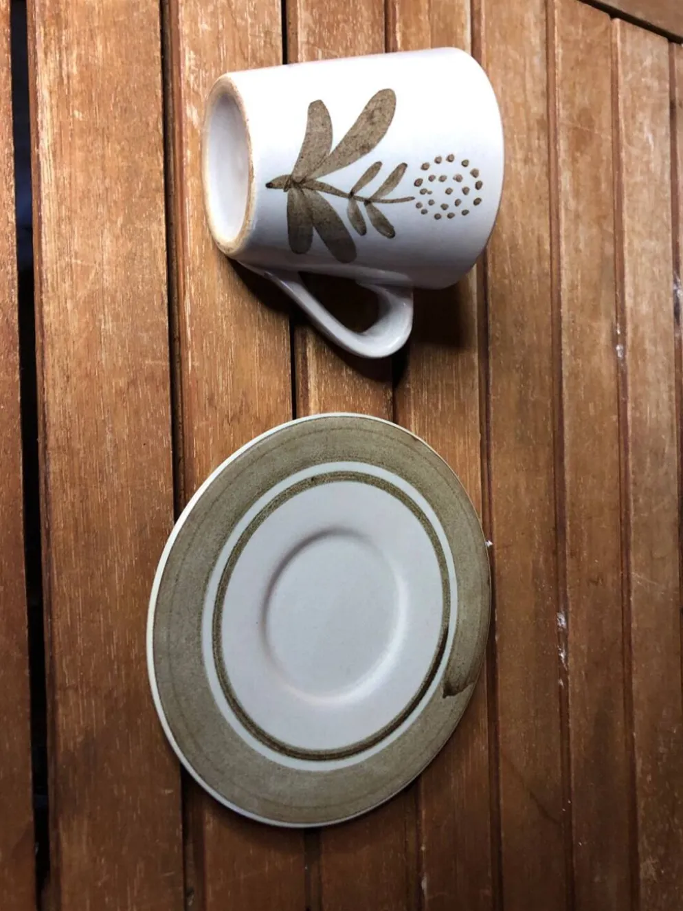 Série de 4 tasses longchamp céramique gris brun décor fleur france vintage #a511