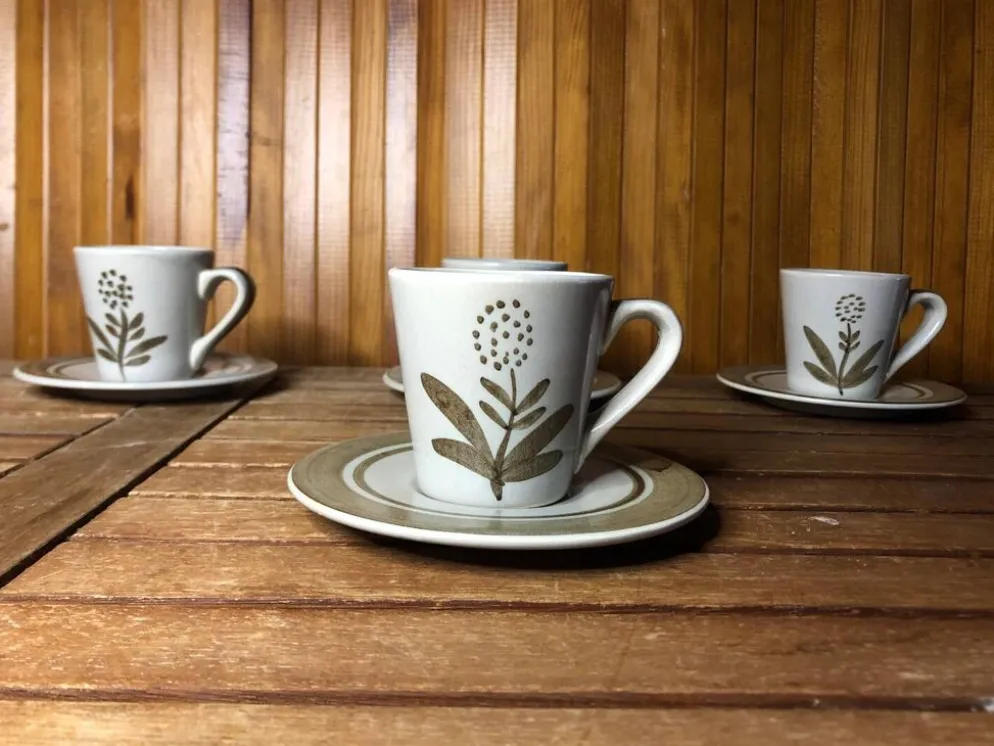 Série de 4 tasses longchamp céramique gris brun décor fleur france vintage #a511