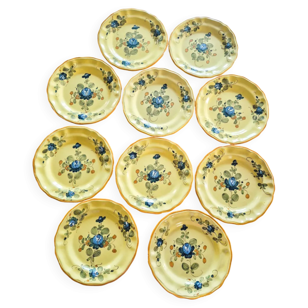 Série 10 grandes assiettes plates vintage Martres-Tolosane Décor Rose bleue