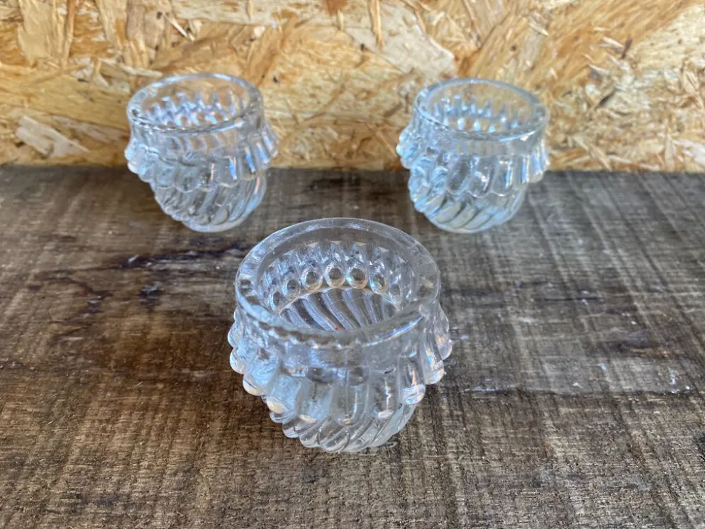 Série 3 Salerons Anciens Service Condiments Verre Moulé Vintage #D979